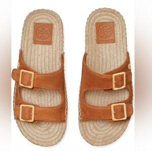 Tory Burch Tan Espadrille Sandals with Gold Buckles